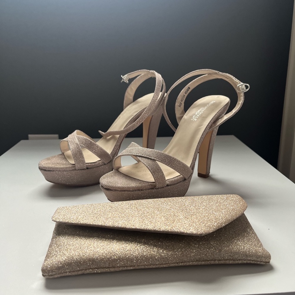 rose gold heels with matching clutch